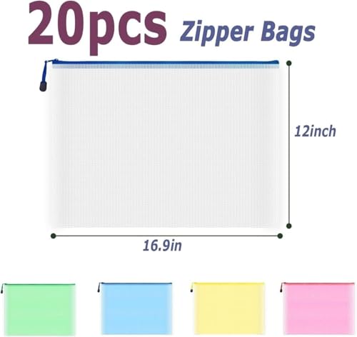 Mesh Zipper Pouch Bags, 20Pcs A3 Zipper File Bags, Mesh Pouch, Waterproof for Office
