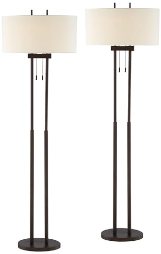 Franklin Iron Works Roscoe 62" Tall Bronze Pole Modern Floor Lamps Set of 2