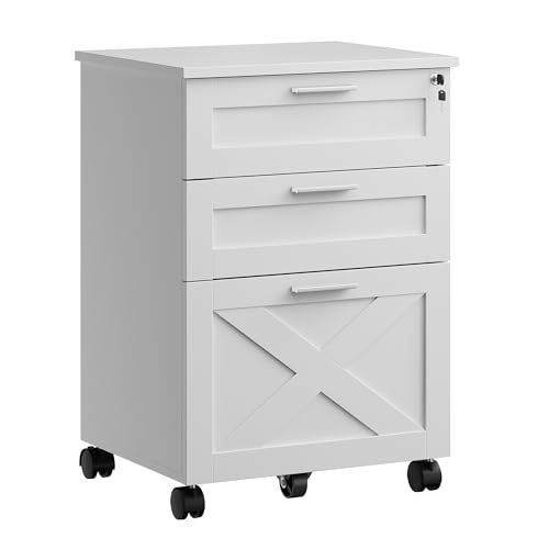 FinerFurnis Secure 3-Drawer Wooden File Cabinet with Lock – Mobile Under Desk Organizer on Wheels, Sturdy Filing Cabinet, Holds Letter/Legal/A4, Rolling Storage – White