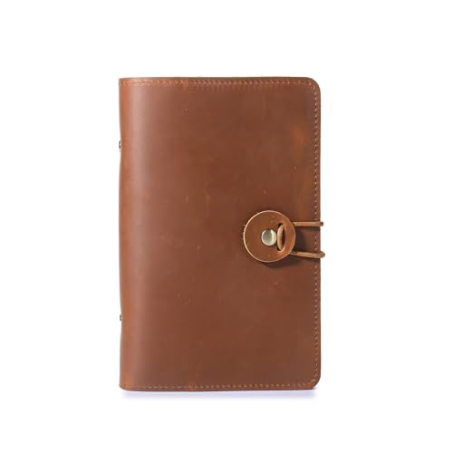 Genuine Leather A6 Refillable Binder Notebook, Vintage Crazy Horse Leather Journal with 6-Ring Binder & String Closure, Portable Travel Diary Planner for Men & Women