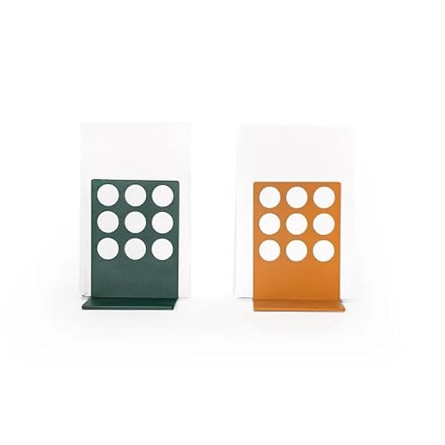Modern Round Cutout Bookends Set of 2, Non-Skid Metal Book Ends for Shelves, Decorative Book Holders for Home Office Library, Green and Orange