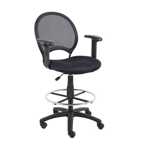 Benzara Rea Drafting Stool Chair, Adjustable Arms, Black Mesh, Chrome Footring