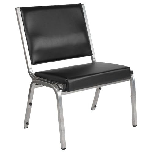 Pemberly Row Bariatric Chair, Faux Leather Upholstery, 1500 lbs Capacity, Black Vinyl and Silver Metal Frame, 34" H x 26.5" W x 23.5" D, Stackable Armless Reception Chair for Healthcare Facilities