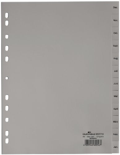 Durable 650710 Index Sheets with Pre-Printed Tabs with Months December Backwards to January/Universal Hole-Punching/Pack of 25 Each Containing 15 Sheets/Grey (in German)