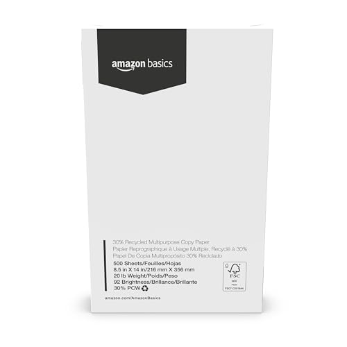 Amazon Basics 30% Recycled Multipurpose Copy & Print Paper, 8.5 x 14 in, 20 lb Weight, 92 Bright, White, 5000 Sheets (10 Reams)