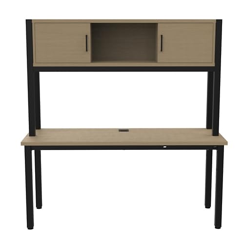 NBF 60" W Credenza Desk with Hutch - Industrial Computer Desk with Open and Concealed Storage - Cortez Office Storage Furniture with Steel Grommet for Cable Management, Driftwood Gray
