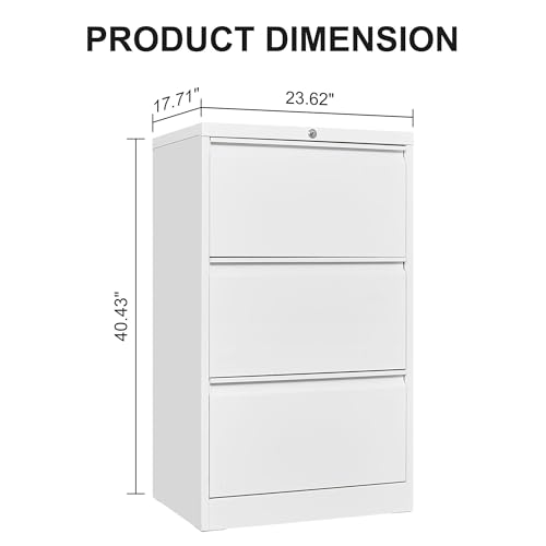 3 Drawers Lateral File Cabinet with Lock, Metal Filing Cabinet with Card Holder, Steel Drawer File Cabinets for Under Desk Use, Perfect for Home Office, Legal, Letter, f4, a4 Size Documents,White