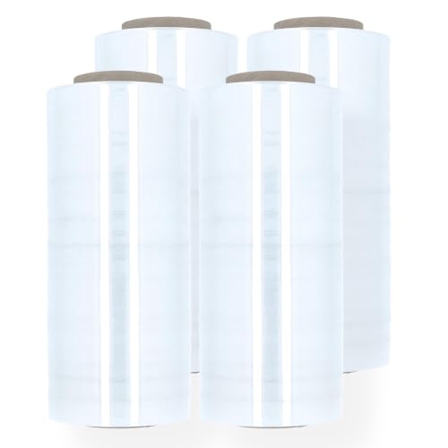 PSBM Blown Stretch Wrap, 4 Rolls 12 Inch x 1500 Feet 90 Gauge Heavy Duty Clear Plastic Wrap Industrial Strength Shrink Film for Moving, Packing & Shipping