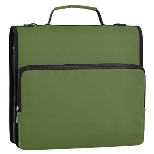 YEGAME Olive Green Waterproof Zipper Binder with Shoulder Strap, 3-Ring Trapper Keeper with Lay-Flat Design and Multiple Compartments for School & Office, Adults & Kids