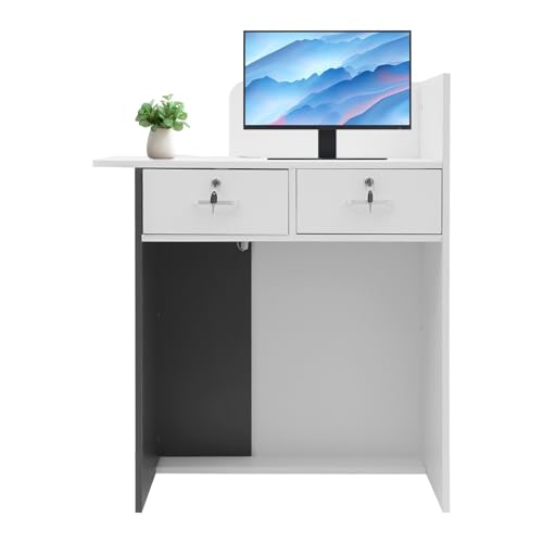 CeRaBuRET Reception Desk with LED Light and 2 Locking Drawers, Modern Front Desk Reception Room Table with Cable Hole, 31.5in Retail Counter for Checkout, Lobby, Beauty Salon