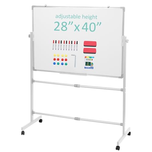 40x28 Inch Reversible Whiteboard Chalkboard on Wheels, Height Adjustable 2-in-1 Rolling Mobile Easel Board for Office Classroom Home Silver 70x100 cm