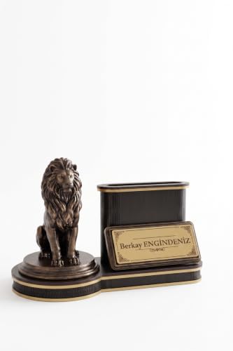Personalized Wooden Lion Themed Desk Nameplate with Pen Holder | Custom Engraved Office Decor for Men and Women | Powerful Symbol of Strength and Leadership | Wood Organizer Gift - Black