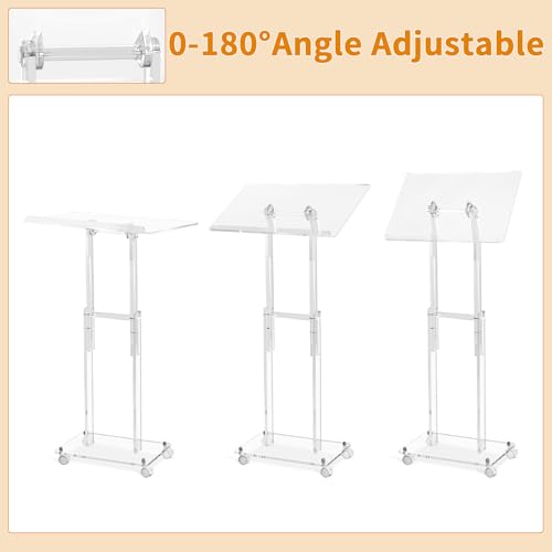Clear Acrylic Podium Stand with Lockable Wheels, Adjustable Height & Angle