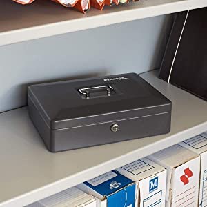 SentrySafe Black Money Saving Box with Cash Tray and Key Lock, Portable Safe Box with Carrying Handle, 0.21 Cubic Feet, 3.75 x 12 x 9.3 Inches, CB-12