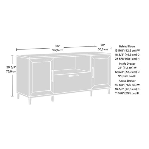 Pemberly Row Contemporary Engineered Wood Large Credenza, Raven Oak Finish, 29.76" H x 65.98" W x 20" D, File Drawer, Adjustable Shelves, Rattan Doors, Open Shelf, Cord Management, Home Office