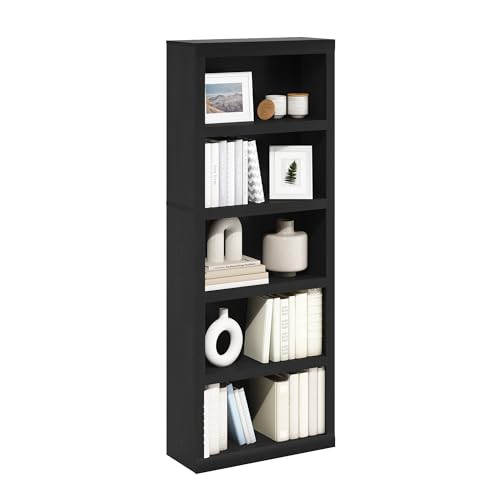 Furinno Rail Book Shelf, 5-Tier Bookshelf with Open Shelf, Bookcase with Classic Style Edges, 10 x 24.6 x 63.5, for Organization and Storage, for Living Room, Bedroom, Home Office, Blackwood