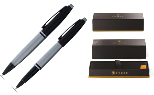 Cross A.T.Cross Calais Gray and Black, with PVD Appointments signature mid Band Selectip Black Gel Ink Rollerball pen and Ballpoint Pen set.
