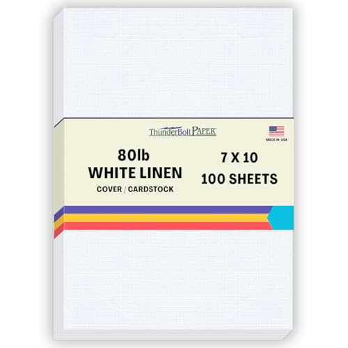 100 Bright White Linen 80# Cover Paper Sheets - 7x10 Inches Double 5X7 Card Size - Folds to 5X7-80 lb/Pound Card Weight - 80 lb/pound Card Weight - Fine Linen Textured Finish - Quality Cardstock