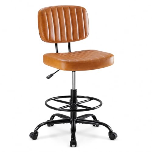 Simple Deluxe Armless Drafting Chair, Low Back PU Leather Office Seat with Footrest Ring, Swivel Rolling Stool for Standing Desk, Studio, Lab, Counter and Small Spaces, Brown
