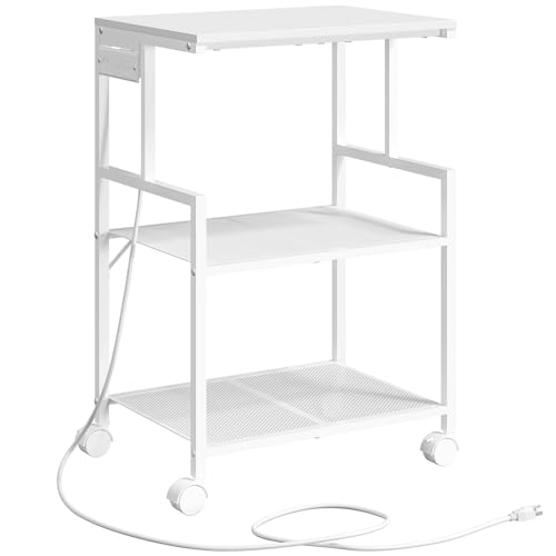 MAHANCRIS Mobile Printer Stand, 3-Tier Industrial Printer Cart with 2 AC Outlets and 2 USB Ports, Rolling Printer Table on Wheels for Home Offices Kitchen Organization Rack, White PTWT78E01