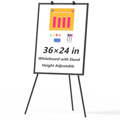 Large Whiteboard Easel with Stand, 36" x 24" Portable Standing Magnetic Dry Erase White Board, 3' x 2' Tripod Height Adjustable Flip Chart Easel for Home Office Classroom School, Black