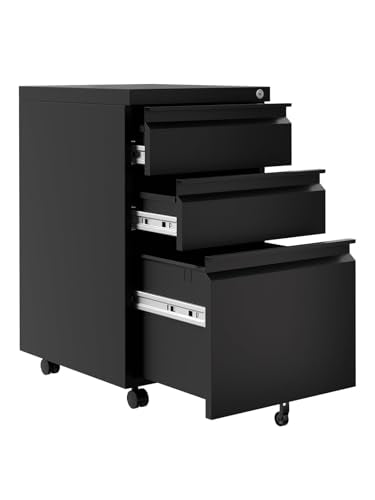 Three-Drawer Filing Cabinet Lockable Under-Desk Side Storage Cabinet Caster-Equipped Filing Cabinet Fits Legal/A4 Paper Sizes Adjustable Shelves Ideal for Office/Home Workspaces - Jet Black