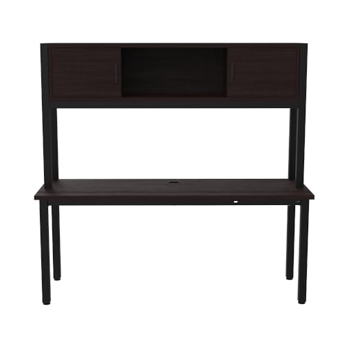 NBF Credenza Desk with Hutch - Laminate Office Desk with Concealed Storage, Steel Grommet Cable Management, Steel Legs - Cortez Work Table for Home, 72" W x 24" D, Brazilian Walnut