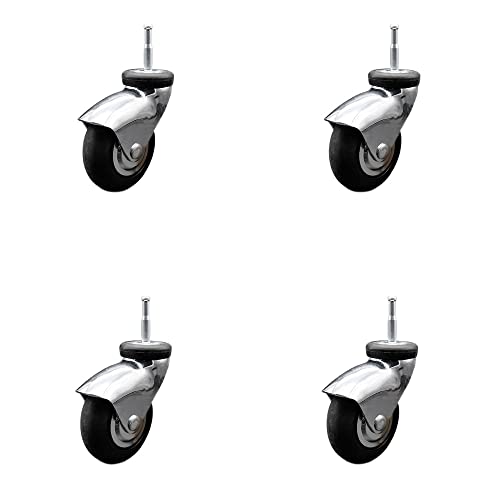 3 Inch Swivel Caster Wheels for Furniture - Bright Chrome Hooded Neoprene Rubber Wheel with 5/16 Grip Neck Stem - Wood Sockets Included - 440 lbs. Total Capacity - Set of 4 - Service Caster Brand