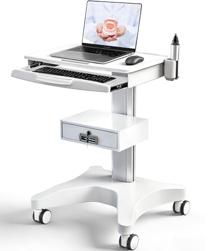 White Medical Trolley Cart with Laptop Tray & Oral Scanner Holder 220LBS, Mobile Workstation with Wheels & Drawer for Hospital Dental Clinics Beauty Salons Lab