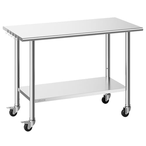 VEVOR Stainless Steel Work Table, 24x48 inch Food Prep Table with Wheels and Backsplash, Commercial Kitchen Workstation with Adjustable Undershelf, Metal Utility Worktable, for Restaurant Home Outdoor