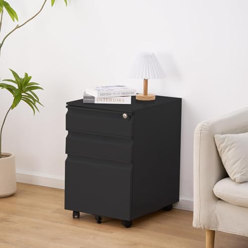 FinerFurnis 3 Drawer Mobile Filing Cabinet for Home Office Organizer with Lock and Anti-Tip Wheels, Under Desk Metal File Cabinet for Letters, Legal, and a4 Documents,Black