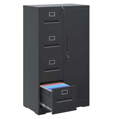 EKJ 4 Drawer File Cabinet with Lock & 1 Door, Metal Storage Unit with Shelves and Hanging Rod, Vertical Filing Cabinet for Home Office, Fits Letter/Legal/A4/F4, Easy Assembly (Black)