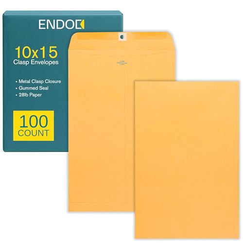 EnDoc 10 x 15 Clasp Envelopes - 100 Pack Brown Kraft Catalog Mailing Gummed Seal Envelope - 28lb Heavyweight 10x15 Inches Manila Envelopes for Home, Office, Business, Legal or School