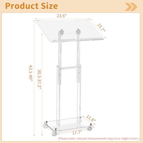 Clear Acrylic Podium Stand with Lockable Wheels, Adjustable Height & Angle