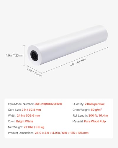 VEVOR Wide Format Paper, 24 in x 300 ft Plotter Roll, 2 Rolls CAD Bond Rolls with 2 in Core, 20 LB Bond Paper Rolls, Ideal for CAD Drawings, Engineering Plans, GIS Maps, and Architectural Designs