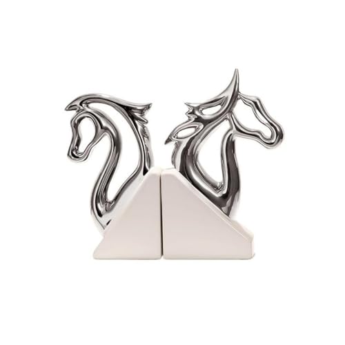 Book Organizer Ceramic Horse Head Bookends, Home Office Decor, for Desktop Bookshelves,Book Ends for Shelves(Silver)