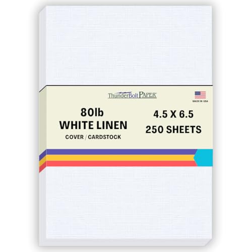 250 Bright White Linen 80# Cover Paper Sheets - 4.5 X 6.5 Inches Invitation 1/2" Smaller than 5X7 Size - 80 lb/pound Card Weight - Fine Linen Textured Finish
