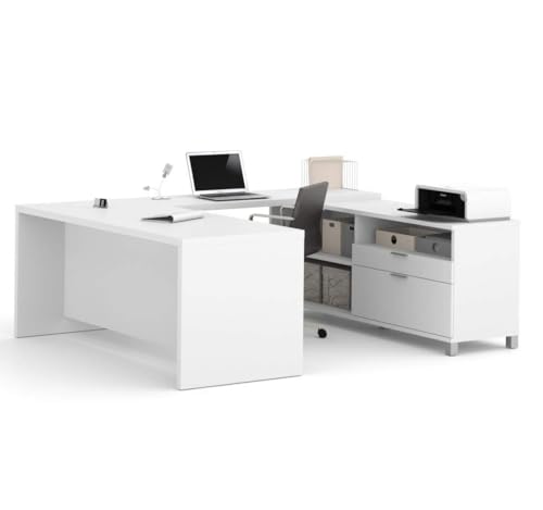 BOWERY HILL 71" Modern Wood U-Shaped Home Office Desk, White Finish, Reversible Workstation with Storage, Durable Melamine Surface, Silver Metal Legs, Utility and File Drawers, Adjustable Shelves