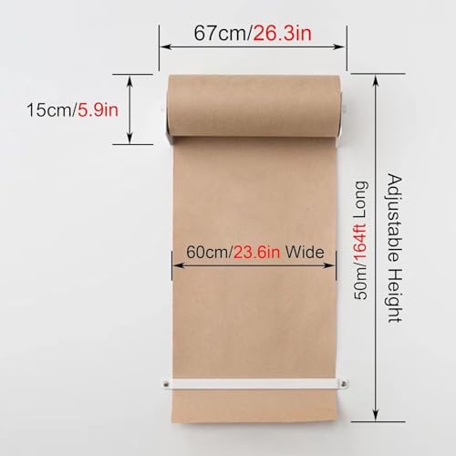 LNNW Kraft Paper Dispenser 67cm/26.3inch Wide Paper Roll Dispenser, Bulletin Board Paper Scrolls Cutter Holder with Fitting for Leave Messages Decorative Message Boards for Wall(White)