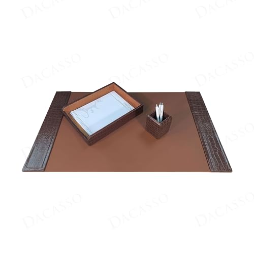 Dacasso Brown Crocodile Embossed, 3 Piece Luxury Desk Accessory Set - Executive Desk Decor - 34" x 20" Leather Blotter Pad & Desk Organization Essentials