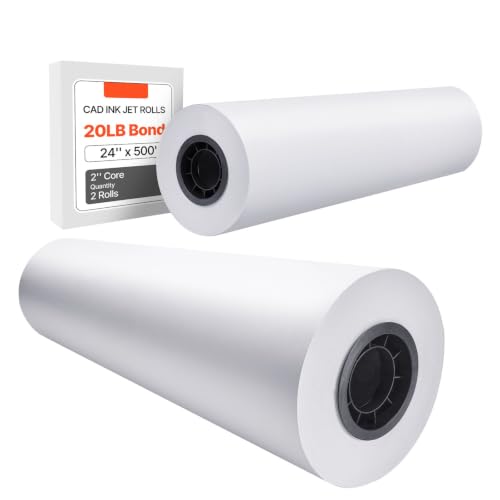 24x500ft Plotter Paper 2 Rolls CAD Bond 3in Core 80GSM Bright White