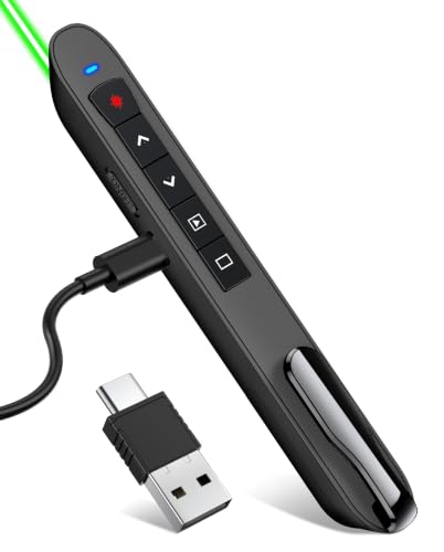Green Light Presentation Clicker for Teachers – USB-C Rechargeable Wireless Presenter for PowerPoint/Keynote/Google Slides, Plug & Play Remote for Mac/Windows/Laptop