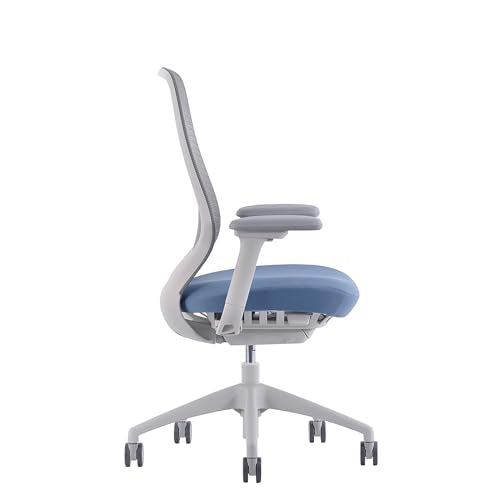 WorkPro Ergonomic Mesh/Fabric High-Back Office Chair, Light Blue Seat, White