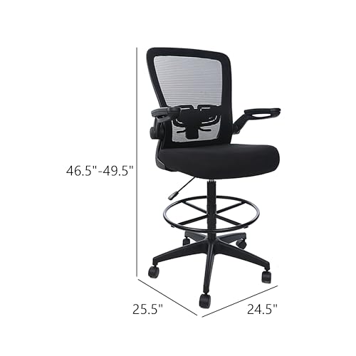 Benzara DEA Drafting Stool Chair, Flip-Up Arms, Black Mesh, Chrome Footring