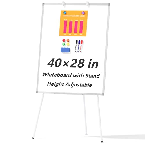 Large Whiteboard Easel with Stand, 40" x 28" Portable Standing Magnetic Dry Erase White Board, Tripod Height Adjustable Flip Chart Easel for Home Office Classroom School, Silver