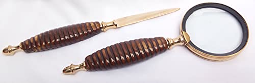 ASI NAUTICAL Marine Nautical Store Decorative Brass Magnifying Glass & Letter Opener on Stand Desk Top - Set of 2 for Office Decor, Room Decor, Table Decor