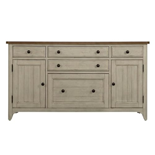 Bison office Antique White Farmhouse Credenza, Chestnut Top, Pine Solids, Hickory Veneers, Spacious Storage and Durable Wood Build