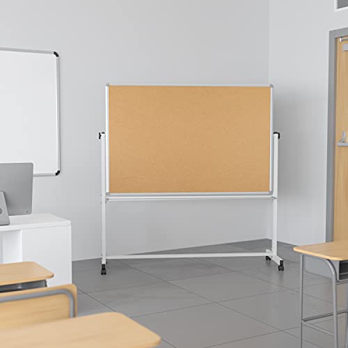 BizChair Reversible Mobile Cork Bulletin Board and White Board with Pen Tray, 64.25"W x 64.75"H