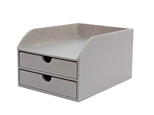 OSCO Grey Faux Leather 2 Tier Sorter with Letter Tray | A4 | Drawers | Desk Tidy | Document Storage | Paperwork Organiser | File Holder | 35 x 25 x 18.5 cm