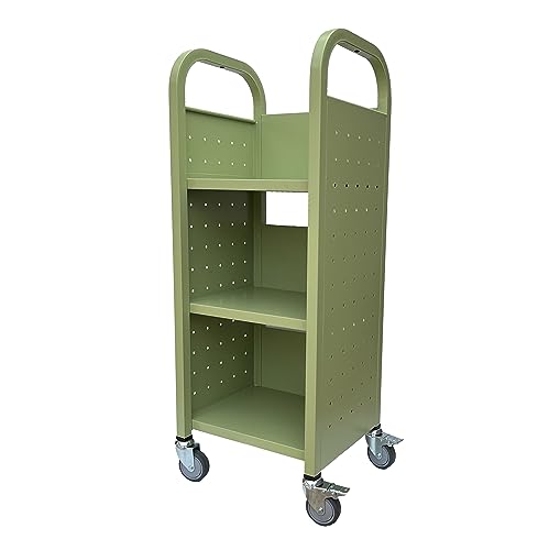 Workington Single Bank Rolling Book Truck Book Cart with 3 Flat Shelves, Library Book Cart with Swivel Lockable Casters 3000 Apple Green